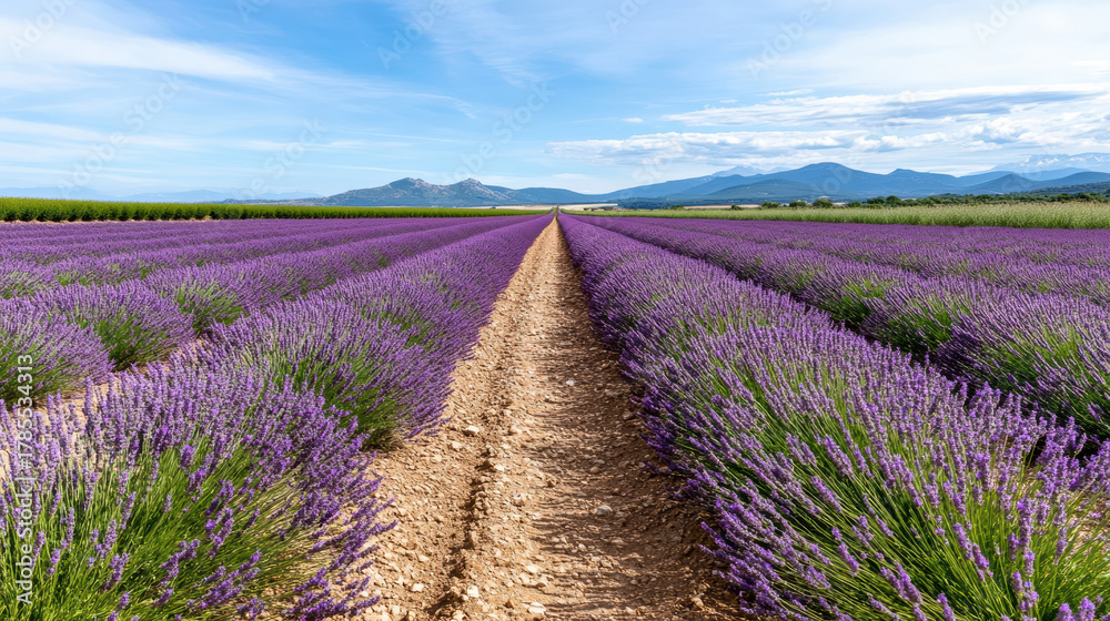 Fototapeta premium Lavender fields in full bloom stretch towards distant mountains under clear blue sky, creating serene and picturesque landscape