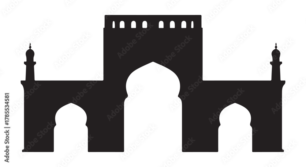 Obraz premium Architectural silhouette of a grand islamic gateway with minarets and arches silhouette