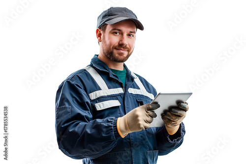 Professional technician in uniform and gloves, holding a tablet and smiling, isolated on transparent background