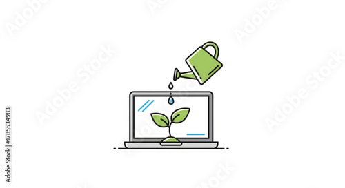 Watering can pouring water on plant growing out of laptop screen, concept of digital growth