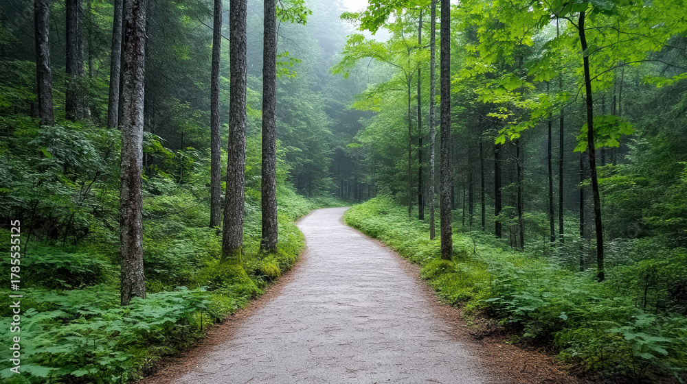 Obraz premium Serene forest path winds through lush greenery and tall trees, enveloped in gentle fog, creating tranquil and mysterious atmosphere