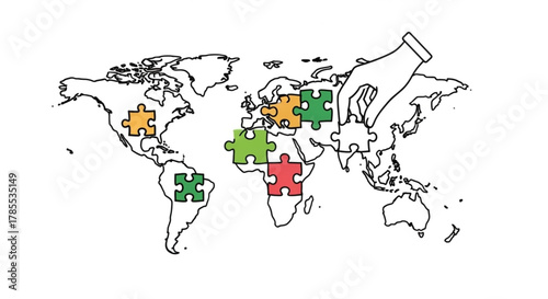 Hand placing puzzle piece on world map concept of global cooperation, partnership, and solving international issues
