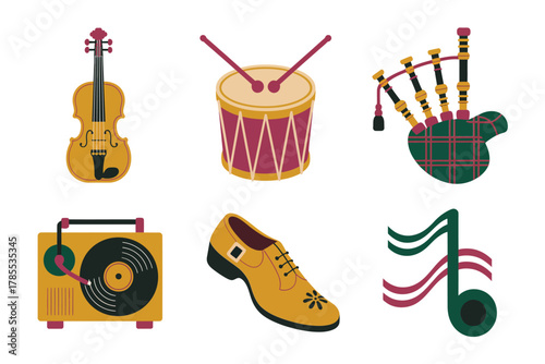 Flat vector icons for folk music and dance, featuring violin, drum, bagpipes, shoes, record player, and musical notes,