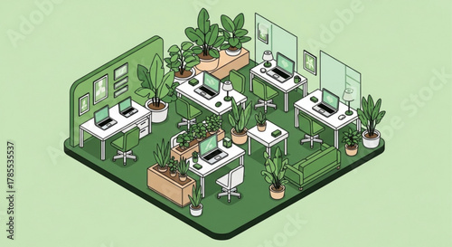 Isometric office space with plants, promoting a green and sustainable work environment, creating a fresh and ecofriendly atmosphere