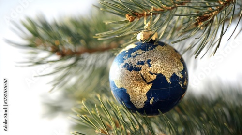 A beautiful oval shaped christmas ornament depicting the earth hanging on a green pine tree branch