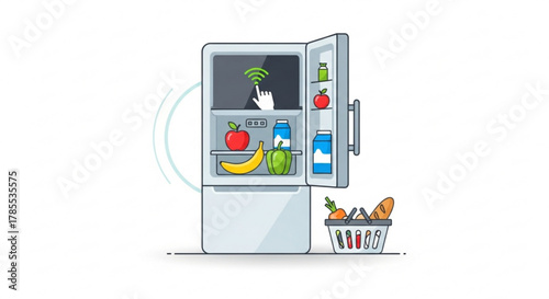 Smart refrigerator concept of modern technology, internet of things, and connected home appliances