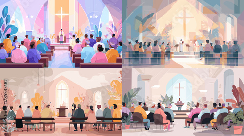 A warm and vibrant church illustration set depicting worship scenes, congregations, stained glass, and altar lighting in soft pastel tones.