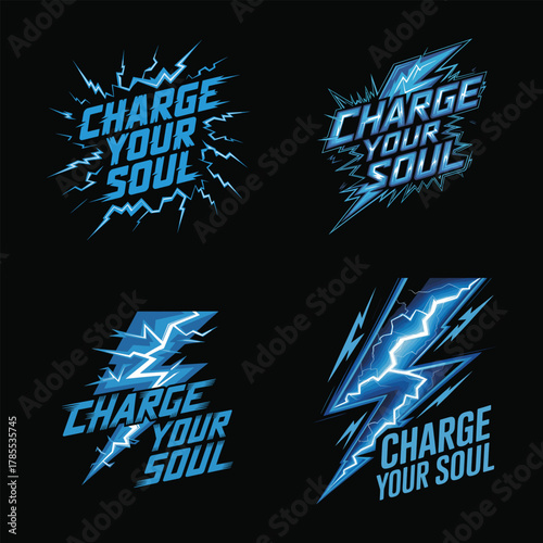 Charge Your Soul text with lightning bolt graphics in blue and white Keywords: charge your soul