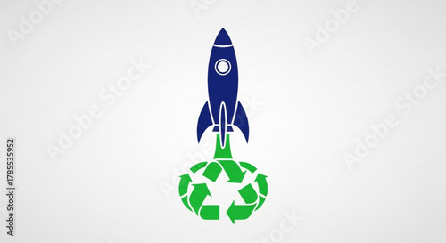 A blue rocket is taking off from a green recycling symbol, symbolizing the concept of green innovation