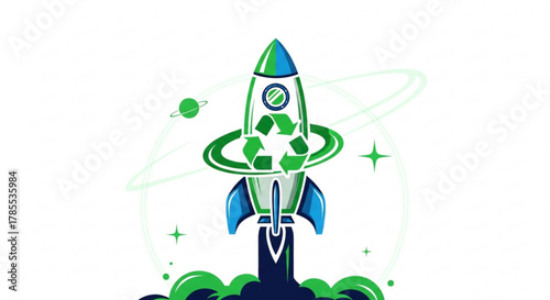 A green and blue rocket is taking off from a recycling symbol, symbolizing the concept of green technology