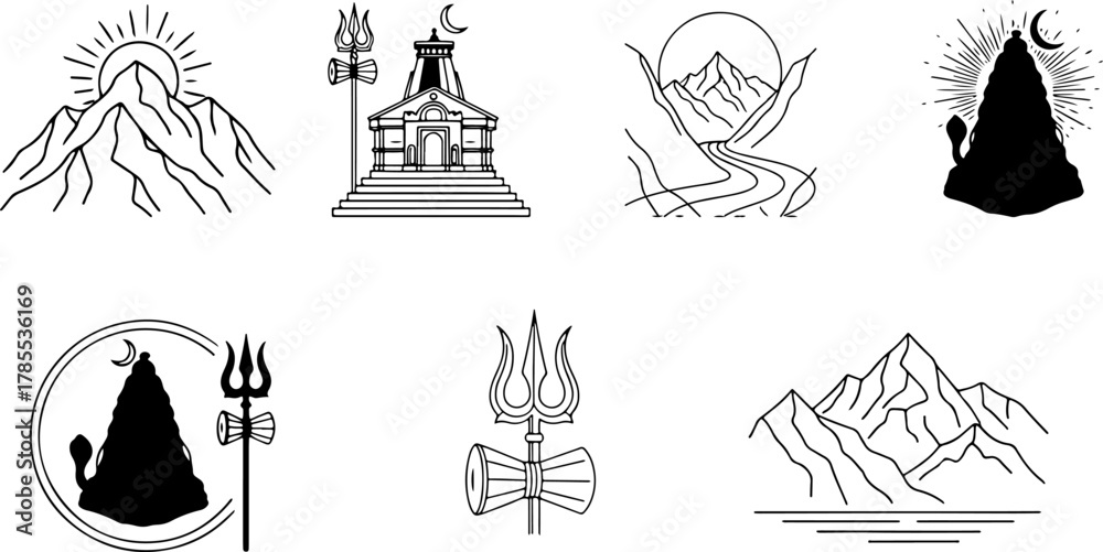 Naklejka premium Kedarnath Line art collection of mountains temple and spiritual symbols design