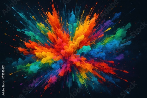 A vibrant explosion of colorful paint splashes against a dark background. The scene features a mix of bright hues including red, blue, green, and yellow.
