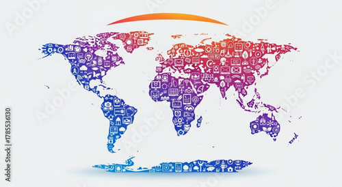 World map filled with colorful icons representing global communication and technology, set against a clean