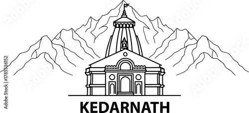 Kedarnath Temple in the Himalayas Line Art Mountain Background Graphic