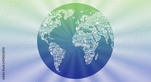 World globe filled with icons representing global communication and technology, radiating light against a colorful background