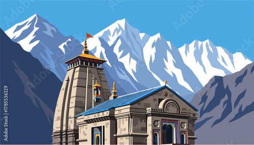 Kedarnath temple nestled among majestic snow capped mountains illustration style