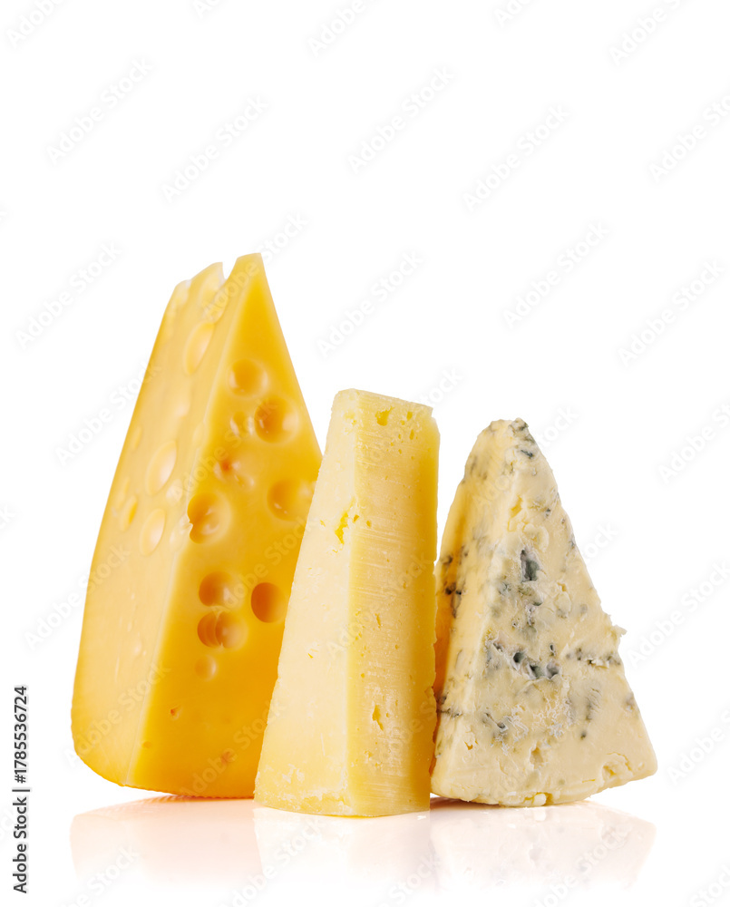 Naklejka premium Assorted cheeses on white background