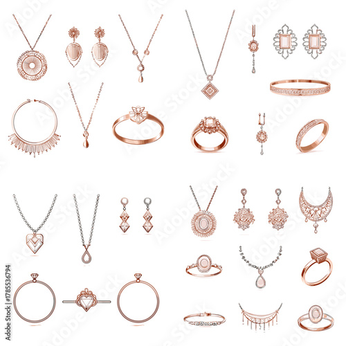 A refined rose gold jewelry set featuring elegant necklaces, rings, bracelets, and earrings with delicate line-art details in a luxurious minimalist style.