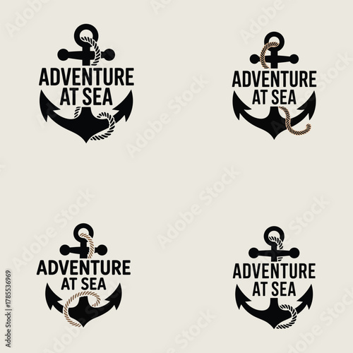 Four anchor logos with text adventure at sea and rope detail nautical marine