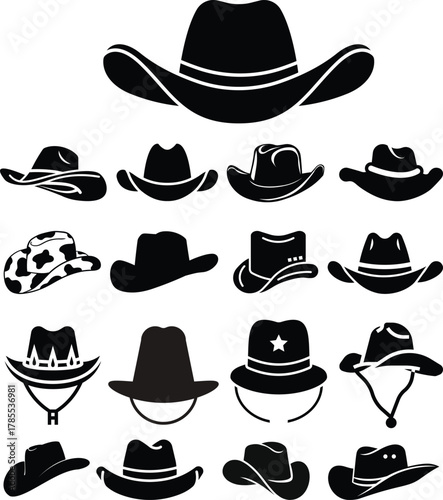 Cowboy hat icon set.west illustration sign collection.Uncle Hat Cut File, Daddy's Hat Stencil, Rodeo Vector, Howdy Clipart.Texas symbol or logo.Cowboy hat icon in silhouette style vector art illustrat