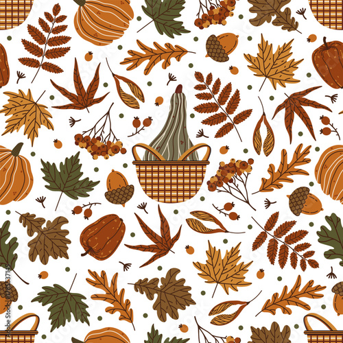 Autumn harvest seamless vector pattern. Seasonal vegetables and fruits, pumpkin, gourd in a wicker basket, apple, rowan berries. Fall oak and maple leaves, acorns. Ornament for Thanksgiving, holidays