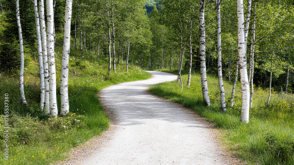Fototapeta premium Winding path through birch forest in springtime, surrounded by lush green grass and vibrant foliage, creates serene and peaceful atmosphere