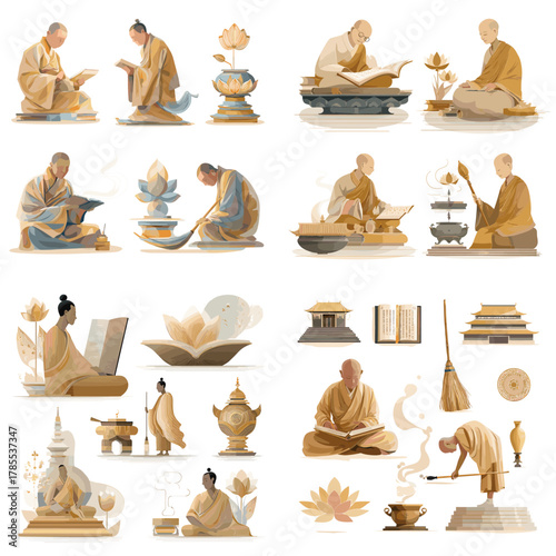 Peaceful illustration set of Buddhist monks reading, meditating, and performing rituals, accompanied by temples, lotus flowers, incense, and spiritual objects.