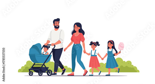 Happy Family Outdoor Walk with Kids and Cotton Candy Illustration