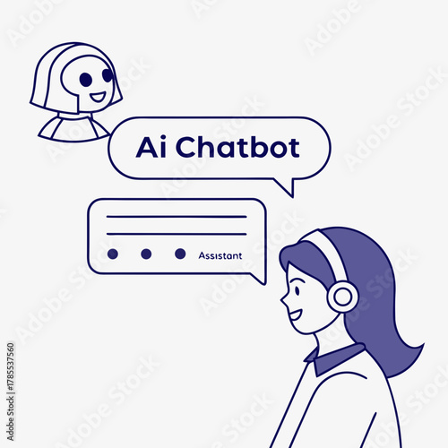 A woman is chatting with an ai chatbot, with speech bubbles displaying the conversation, the chatbot appears as a friendly assistant