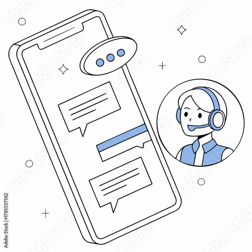 A customer service representative is assisting via a smartphone interface with message bubbles, the representative wears a headset