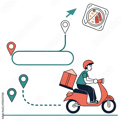 Isometric delivery service illustration featuring a scooter, package, and food, showcasing the convenience of online ordering and fast transportation
