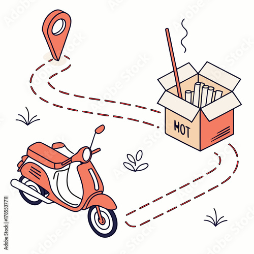 Isometric delivery service illustration featuring a scooter, package, and food, showcasing the convenience of online ordering and fast transportation