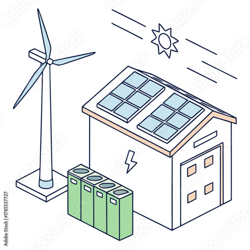 Isometric illustration of a sustainable house with solar panels and wind turbines, showcasing renewable energy and ecofriendly living