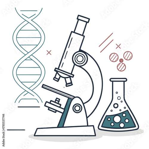 Illustration of a microscope, dna strand, and flask, symbolizing scientific research, laboratory work, and genetic studies in a minimalist style