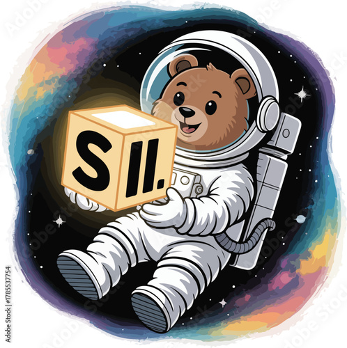 Cute bear astronaut vector character holding a cube with letters S.I.I. floating in cosmic space with colorful nebula background