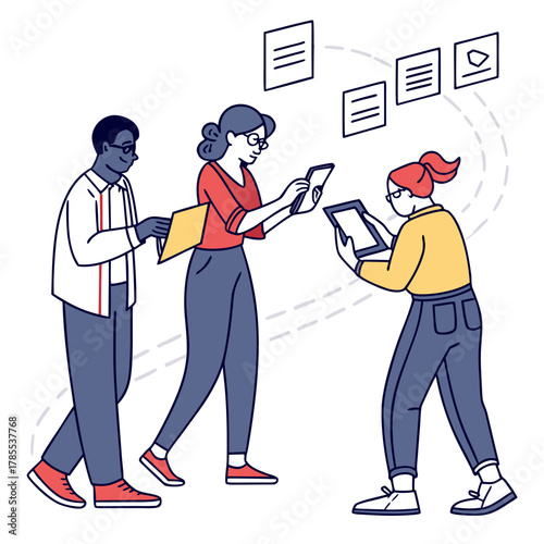 A diverse group of colleagues are working together on a project, using tablets and laptops to share ideas and collaborate