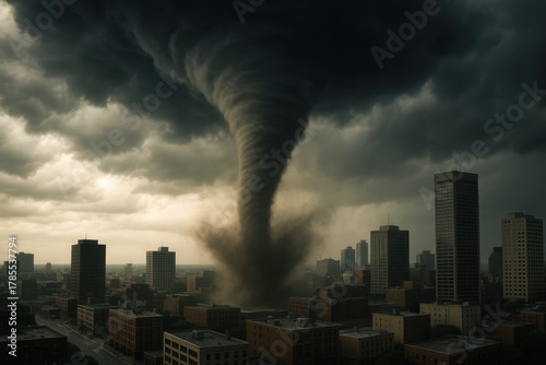 A powerful tornado descends upon a city skyline, dark storm clouds loom overhead. Buildings are visible in the foreground, showcasing urban architecture.
