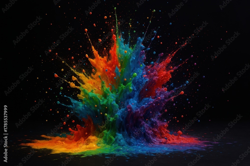 Obraz premium A vibrant explosion of colored powder in rainbow hues against a black background. The scene captures dynamic movement and energy.