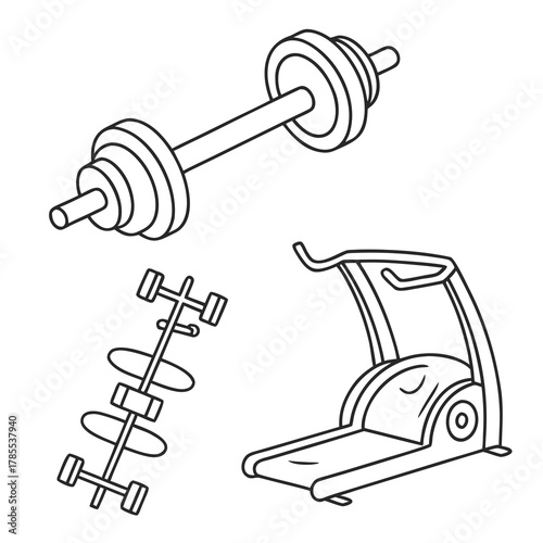 Line art illustration showcasing fitness equipment, including a dumbbell, weight rack, and treadmill, perfect for gym or workout concepts