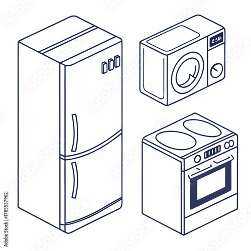 Isometric line art illustration of kitchen appliances including a refrigerator, washing machine, and oven, perfect for home or cooking concepts