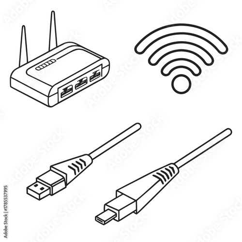 Isometric outline illustration of network devices router, wifi signal, usb and micro usb cable for internet connection