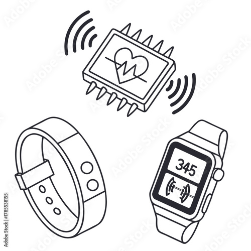 Illustration of a smart watch, fitness tracker, and heart rate monitor chip, showcasing wearable technology for health and wellness tracking