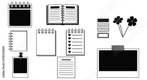 Black and white stationery vector set with calendar and notepad