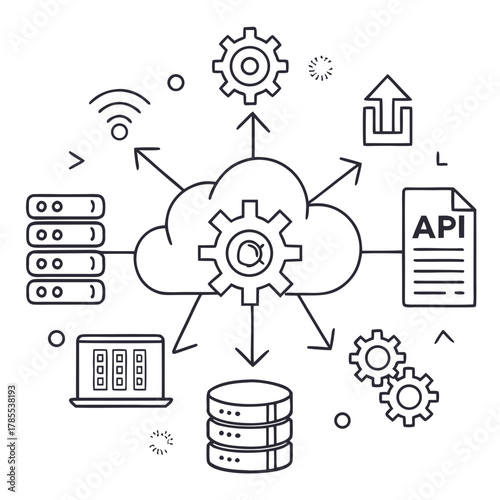 Cloud computing network connection concept as a line art illustration, showing the connection of various devices to a cloud server