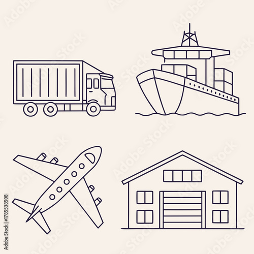 Line art illustration showcasing various modes of transportation, including a truck, cargo ship, airplane, and warehouse, all rendered in a clean and minimalist style
