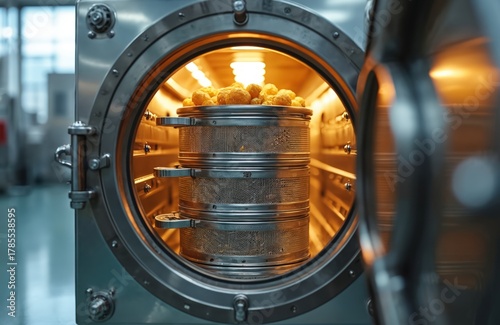 Stainless steel baskets with food items are inside an industrial autoclave. This equipment is used for sterilization and pasteurization in food manufacturing plants.