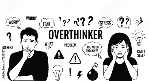 Overthinking mental health stress and anxiety concept illustration