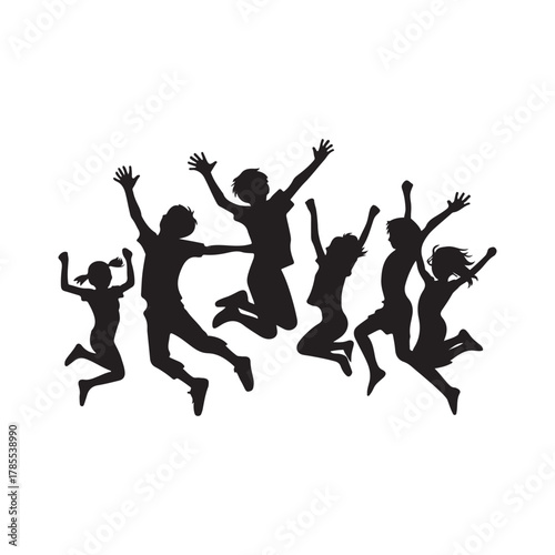 kids jumping vector silhouette clip art logo design illustration. kids enjoying icon collection