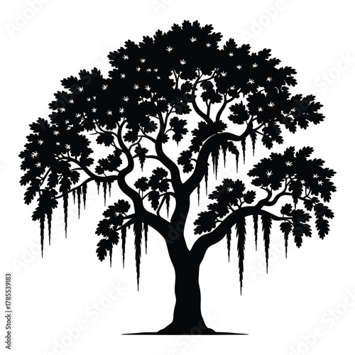 oak tree silhouette with gracefully draping Spanish moss, isolated on white, symbolizing strength, heritage, and natural beauty for landscape and design illustrations.