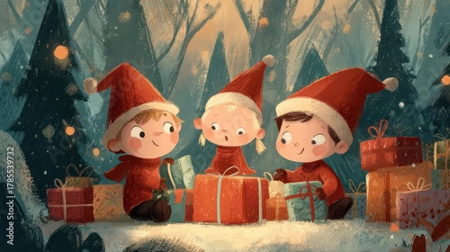 Three adorable cartoon elves in red santa hats happily wrapping christmas presents in a magical snowy forest setting